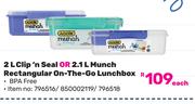 Addis 2L Clip n Seal Or 2.1L Munch Rectangular On The Go Lunchbox-Each