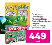 Scrabble Or Pictionary Or Monopoly Classic Original Board Games-Each