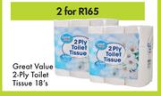 Great Value 2 Ply Toilet Tissue-For 2 x 18's Pack