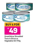 Great Value Shredded Tuna In Brine Or Vegetable Oil-For 4 x 170g
