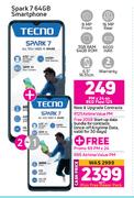 2 x Tecno Spark 7 64GB Smartphone-On Red Flexi 125 + On Promo 65