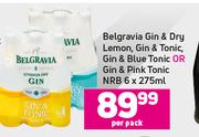 Belgravia Gin & Dry Lemon,Gin & Tonic,Gin & Blue Tonic Or Gin & Pink Tonic NRB-6 x 275ml Per Pack