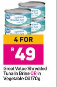 Great Value Shredded Tuna In Brine Or In Vegetable Oil-For 4 x 170g
