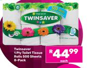 Twinsaver 1 Ply Toilet Tissue Rolls 500 Sheets 8 Pack-Each