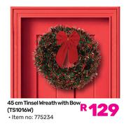 45cm Tinsel Wreath With Bow TS1016W