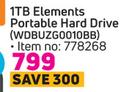 WD 1TB Elements Portable Hard Drive WDBUZG0010BB