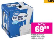 Great Value Full Cream Milk-6 x 1Ltr
