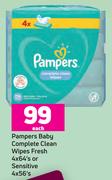 Pampers Baby Complete Clean Wipes Fresh 4 x 64's Or Sensitive 4 x 56's Pack-Each
