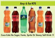 Coca-Cola No Sugar, Fanta, Sprite Or Stoney Soft Drink-For Any 6 x 1Ltr