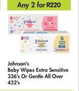 Johnson's Baby Wipes Extra Sensitive 336's Or Gentle All Over 432's-For Any 2