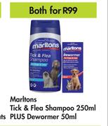 Marltons Tick & Flea Shampoo 250ml Plus Dewormer 50ml-Both for
