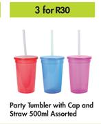 Party Tumbler With Cap & Straw Assorted-For 3 x 500ml