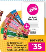 1 x Bakers Topper Biscuit 125g Assorted Plus 1 x Game Spiral Notebook A4 80 Pages- Both For