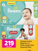 Pampers Active Baby Dry Or Pants Jumbo Pack Assorted Sizes-Per Pack