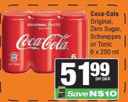 Coca Cola Original Zero Sugar, Schweppes Or Tonic-6 x 200ml Per Pack
