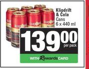 Klipdrift & Cola Cans-6 x 440ml Per Pack