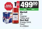 Martell VS Cognac 750ml & Red Bull Energy Drink Cans 4 x 250ml-For Both