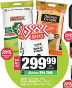 Sasko Cake Flour 10kg, Golden Delight Rice 10kg & Iwisa Super Maize Meal 10kg-For All