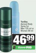 Yardley Aerosol Body Spray For Men 125ml Or Women 90ml-Each