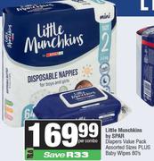 Little Munchkins By Spar Diapers Value Pack Assorted Sizes Plus Baby Wipes 80's-Per Combo