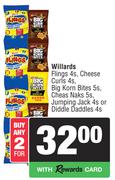 Willards Flings 4s,Cheese Curls 4s,Big Korn Bites 5s,Cheas Naks 5s,Jumping Jack 4s-For 2