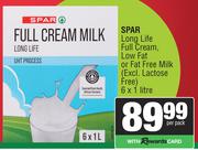 Spar Long Life Full Cream, Low Fat Or Fat Free Milk-6 x 1Ltr Per Pack