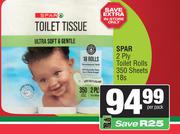 Spar 2 Ply Toilet Rolls 350 Sheets 18s-Per Pack