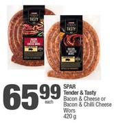 Spar Tender & Tasty Bacon & Cheese Or Bacon & Chilli Cheese Wors-420g