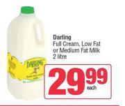 Darling Full Cream, Low Fat Or Medium Fat Milk-2L Each