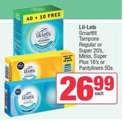 Lil-Lets Smartfit Tampons Regular Or Super 20's, Minis, Super Plus 16's Or Pantyliners 50s-Each