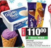 Dairymaid Country Fresh Ice Cream 1.8L Plus 2 x Cadbury Ice Cream Sticks 90ml-For All 3