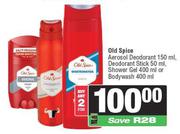 Old Spice Aerosol Deodorant 150ml,Deodorant Stick 50ml,Shower Gel 400ml,Bodywash 400ml-For 2