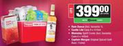 Rain Dance 1L+Castle Lite Cans 6x410ml+Mainstay Spirit Cooler Cans 6x440ml+Captain Morgan Rum 750ml