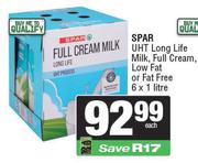 Spar UHT Long Life Milk Full Cream, Low Fat Or Fat Free-6 x 1L