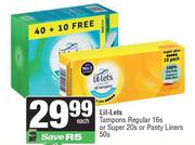 Lil-Lets Tampons Regular 16s Or Super 20s Or Pantyliners 50s