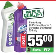 Handy Andy All Purpose Cleaner & Domestos Disinfectant-For 2 x 750ml