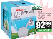 Spar UHT Long Life Milk Full Cream, Low Fat Or Fat Free 6 x 1Ltr-Each