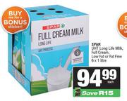 Spar UHT Long Life Milk, Full Cream, Low Fat Or Fat Free-6 x 1L