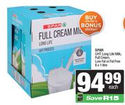 Spar UHT Long Life Milk, Full Cream Low Fat Or Fat Free-6 x 1L