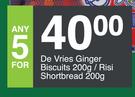 De Vries Ginger Biscuits 200g/ Risi Shortbread 200g-For Any 5