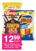 Willards Cheese Curls/Flings 150g/Jumping Jack Popcorn 100g-Each
