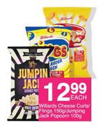 Willards Cheese Curls/Flings 150g/Jumping Jack Popcorn-100g Each