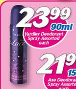 Yardley Deodorant Spray Assorted-90ml Each