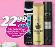 Coty Exclamation-90ml/Yardley-125ml, Deodorant Spray Assorted-Each