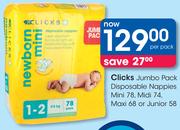 Clicks Jumbo Pack Disposable Nappies Mini 78, Midi 74, Maxi 68 or Junior 58-Per Pack