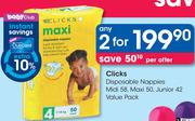Clicks Disposable Nappies( Midi-58, Maxi-50, Junior-42)-Per Any 2 Value Packs