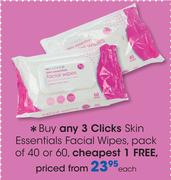 Clicks Skin Essentials Facial Wipes, Pack Of 40 Or 60-Each