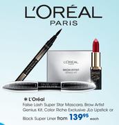 L'Oreal False Lash Super Star Mascara,Brow Artist Genius Kit,Color Riche Exclusive JLo Lipstick-Each