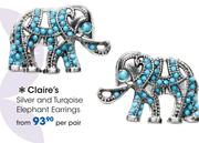 Claire's Silver And Turqoise Elephant Earrings-Per Pair