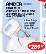 Amber Hand Mixer with Stand, 2.2Ltr Mixing Bowl, Detachable Beater & Dough Hook Attachments HAT9205S